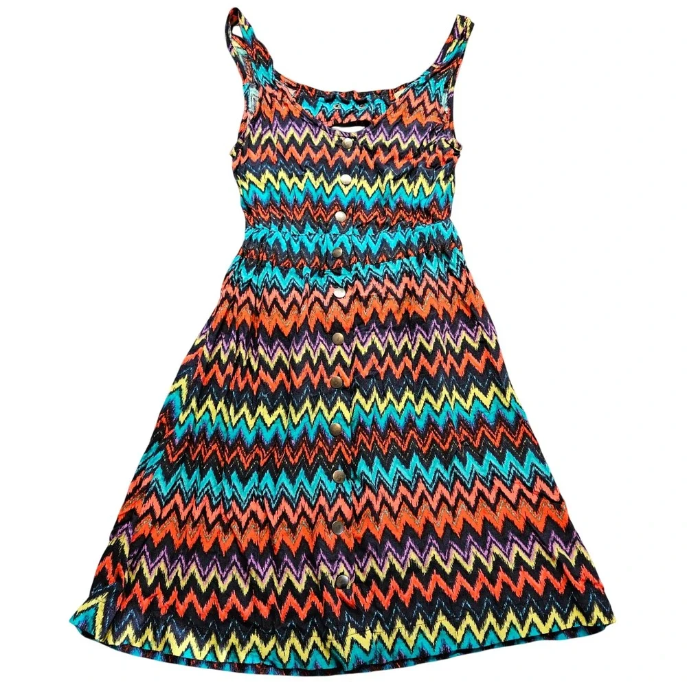 Derek Heart Chevron Print‎ Button Front Cutout Back Sundress Multi Color Medium